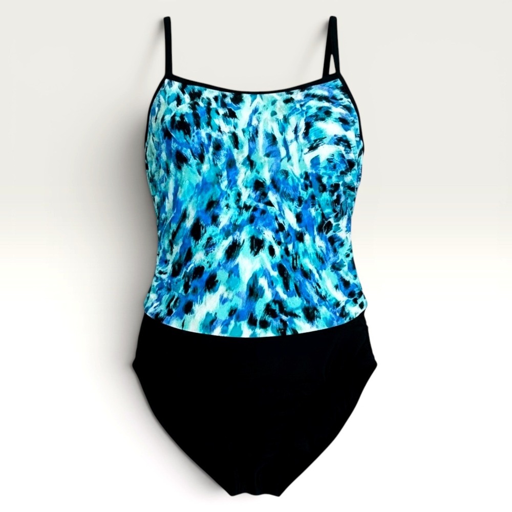 Maxine of Hollywood Swimdress Leopard Print Tiered Ruffle Blue Aqua One Piece 10